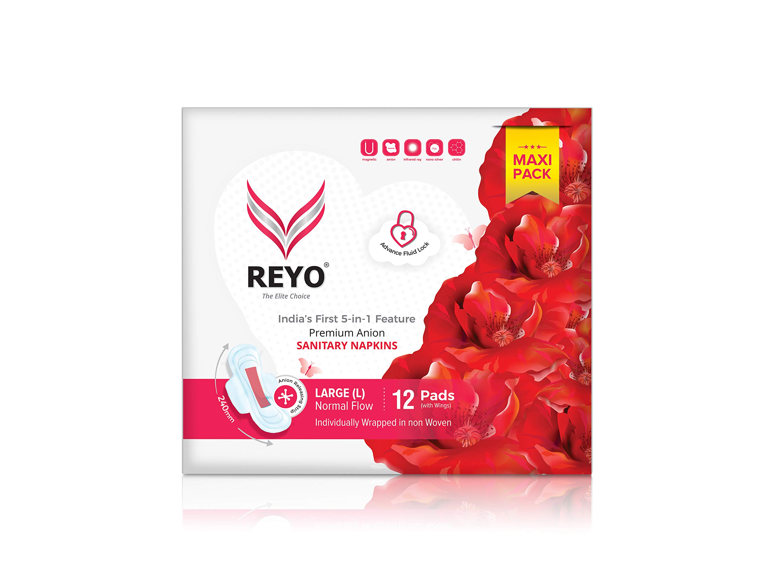 REYOanion sanitary napkins - Maxi (240mm) - 12 Pieces/Pack - Pack of 05