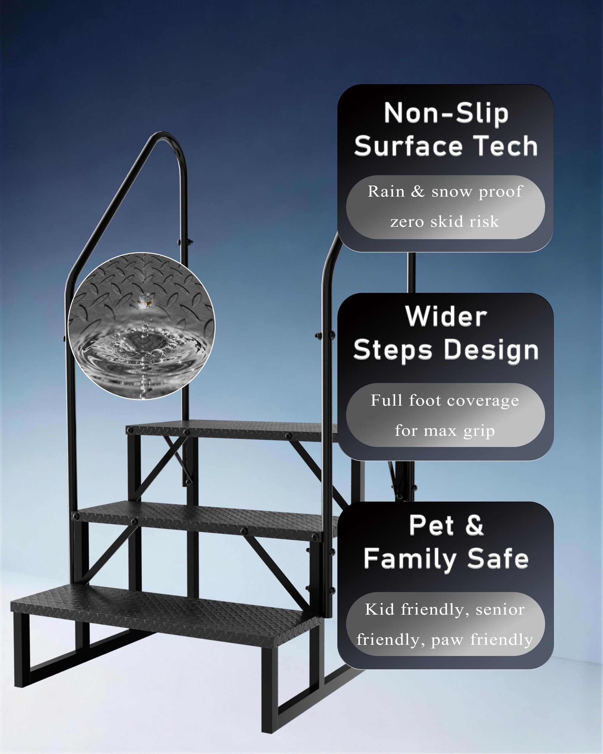 3 Stufen Trittstufe mit Handlauf, RV Trittleiter|Poolleitern|Leiter im Freien Haustiertreppe, Standtreppe Hocker Kinder aus Stahl Max 300 kg, Haushaltsleiter für Mobile Home (3 Stufen 2-Handlauf)