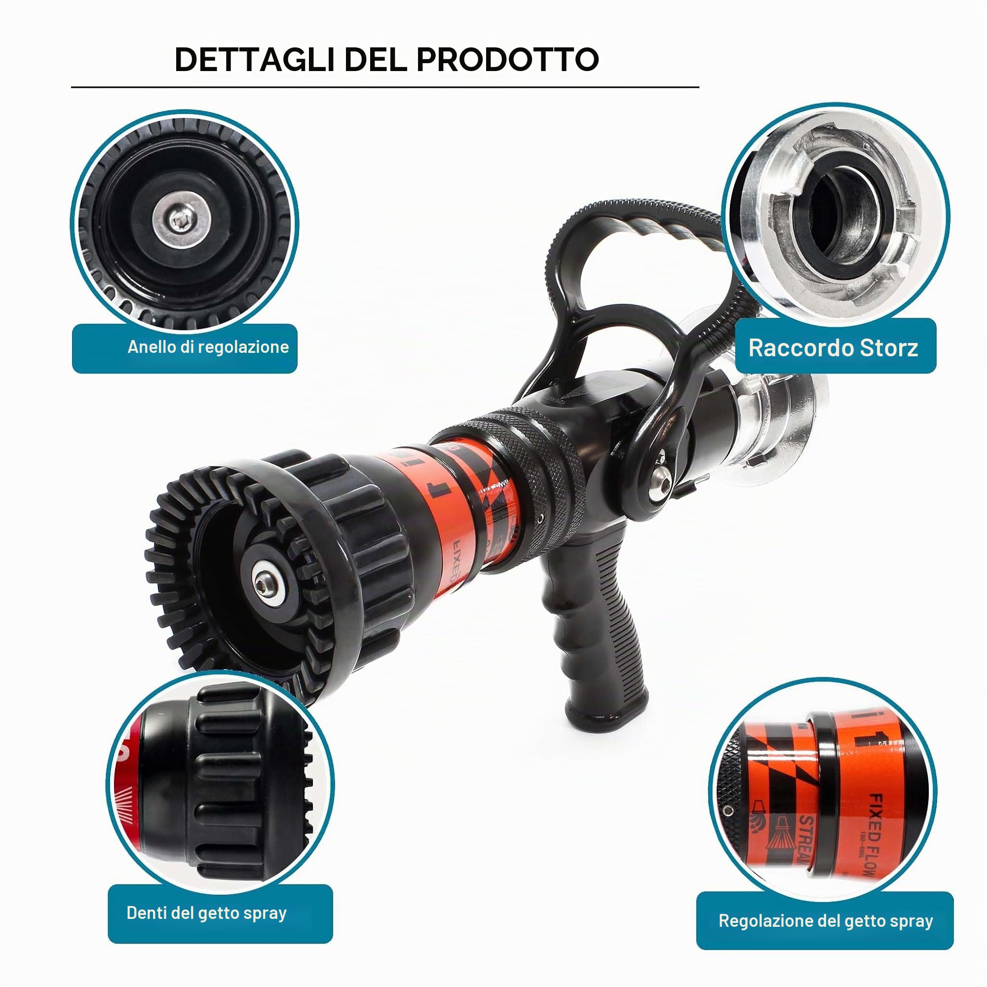 Lancia antincendio da 150/180/300/450/660 l/min e raccordo Storz C, regolabile in continuo