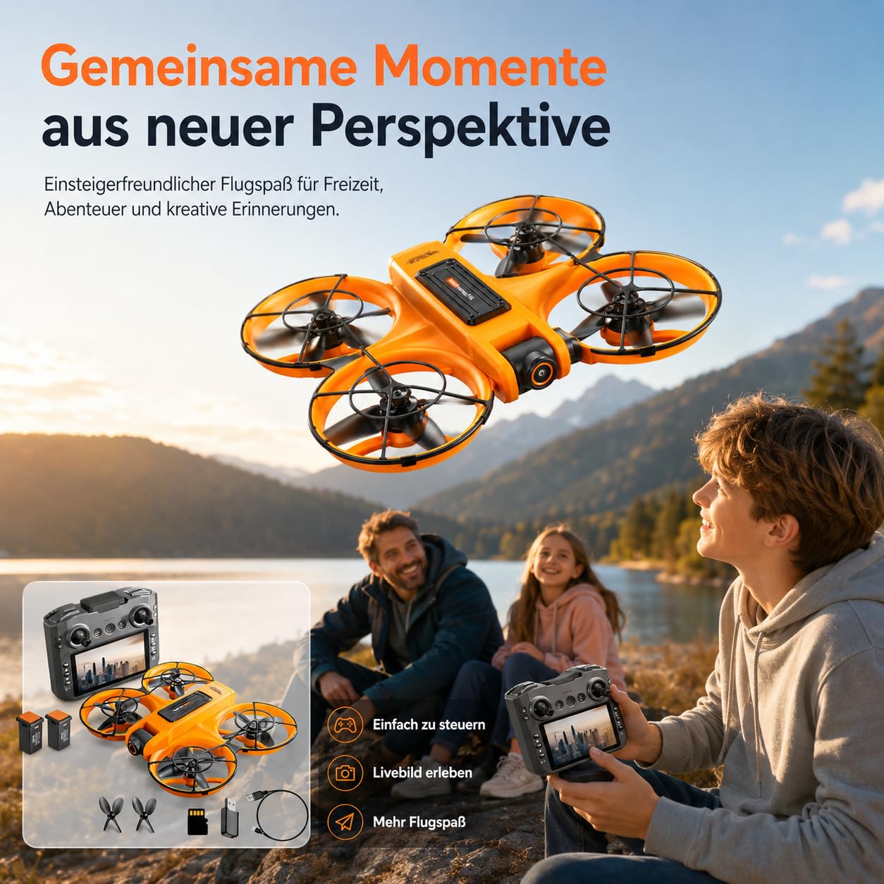 Drohne mit Kamera & Display Fernbedienung, Brushless Motor, Dual Kamera 90° verstellbar, FPV Live-Übertragung, Optical Flow, 360° Flip, LED, Anfänger & Kinder geeignet (Orange, Akkus: 3 St.)