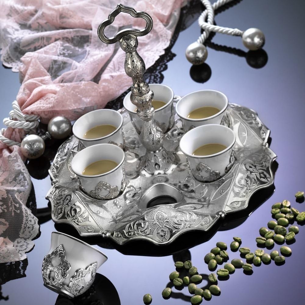 13 Pieces Vintage Style Ottoman Turkish Greek Arabic Coffee Espresso Serving Cup Gift Set, Silver