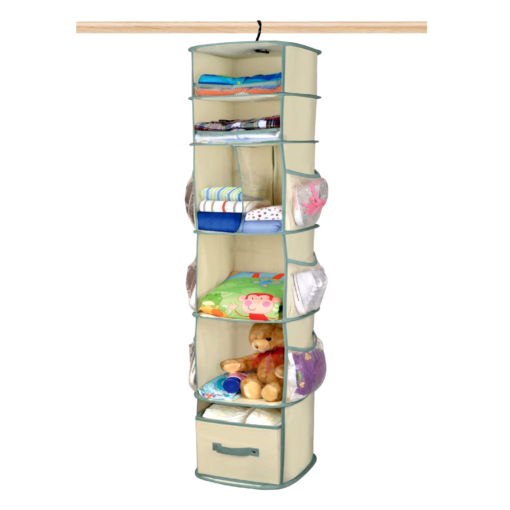 Smart Design 6-Tier Smart Carousel Organizer w/ 6 Pockets, Steel Metal Hook, & Foldable Drawer - 360 Degree Swivel - Clothing, Accessories, & Misc. Item Storage Organization (11 x 53.5 Inch) [Beige]