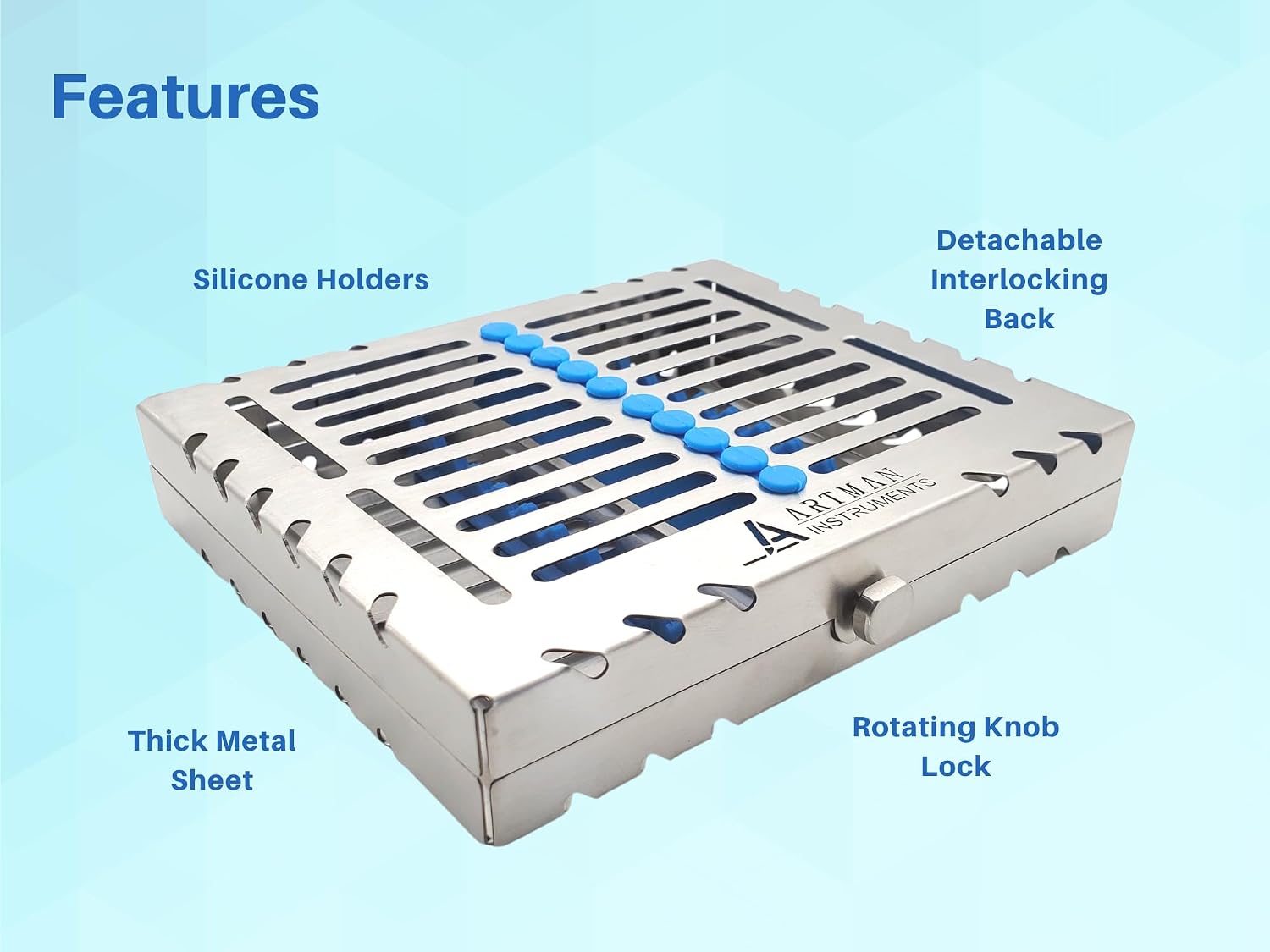 ARTMAN Instrument Heavy Duty Sterilization Cassette Tray for 10 Instruments Rack Premium Design Dental Surgical lab 7.25"X5.75"X1.4" (Pack of 5)