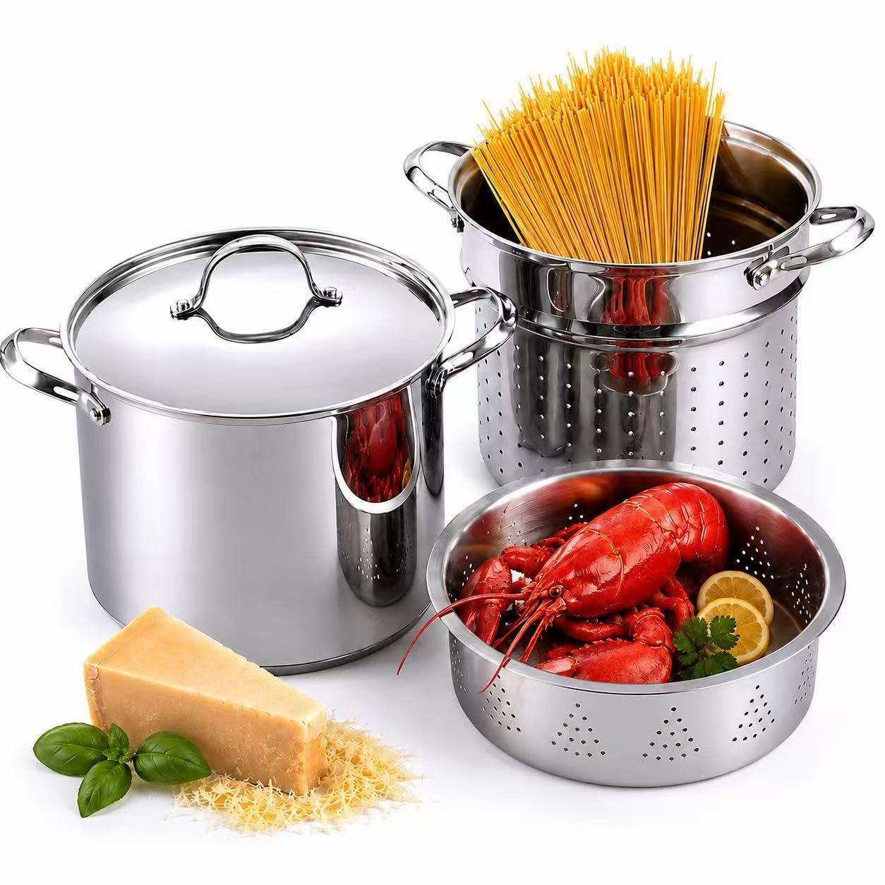 Cooks Standard Olla para pasta de acero inoxidable 18/10, 12 cuartos de galón, olla de espagueti, olla de vapor con inserto de colador, tapa de acero inoxidable, juego de 4 piezas