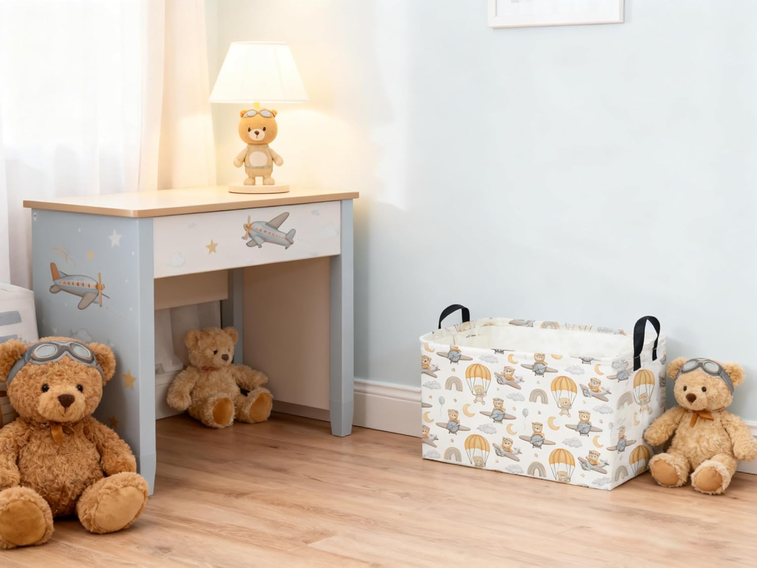Sanjiaofeng Rectangular Kids Basket Bear Storage Bins,Cute Storage Basket with Handles.Clothers,Books,Kid's Gifts Bins. (Airplane Bear)