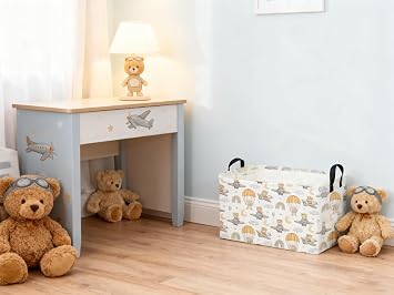 Sanjiaofeng Rectangular Kids Basket Bear Storage Bins,Cute Storage Basket with Handles.Clothers,Books,Kid's Gifts Bins. (Airplane Bear)