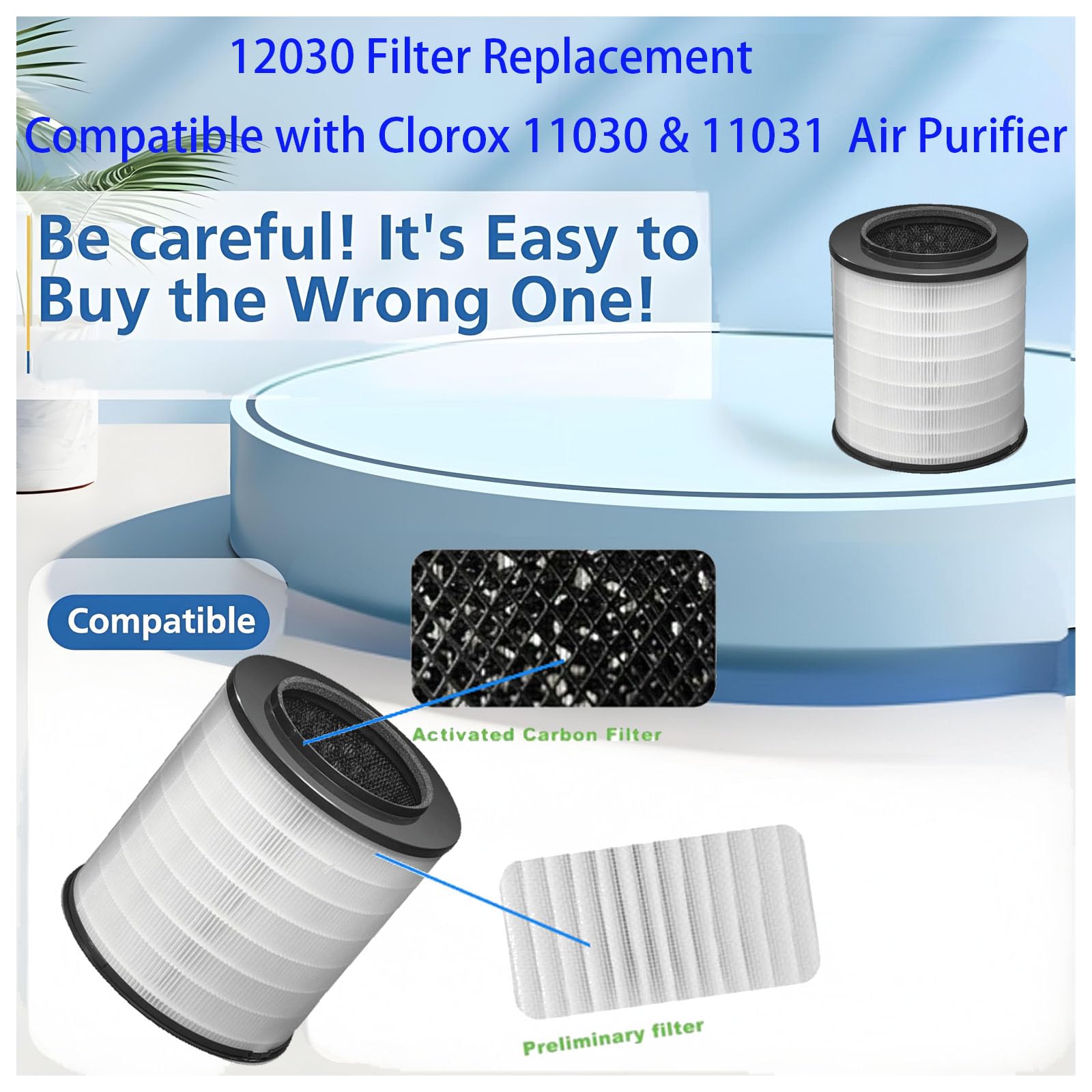 Filtro de repuesto HEPA 12030 para purificador de aire de habitación mediana Clorox 11030 y 11031, 3 en 1 H13 True HEPA con filtro de carbón activado, paquete de 2