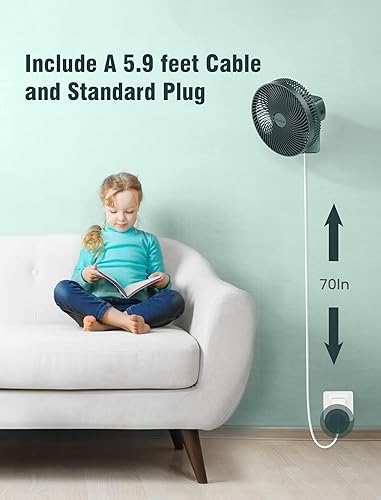 Miniatura 7 de Ventilador pequeño oscilante de 10 pulgadas para montaje en pared con control remoto y temporizador, 4 velocidades, adaptador incluido, inclinación