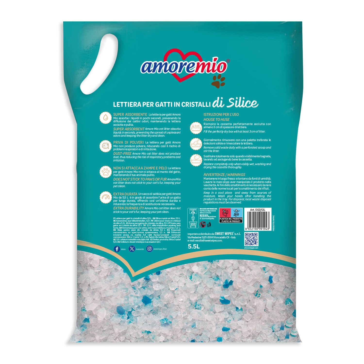 Amore Mio - 33 Litri - Lettiera Gatto - Sabbia in Cristalli di Silicio - ad Alto Assorbimento e Veloce da Pulire, 5,5 Lt (6 Confezioni)