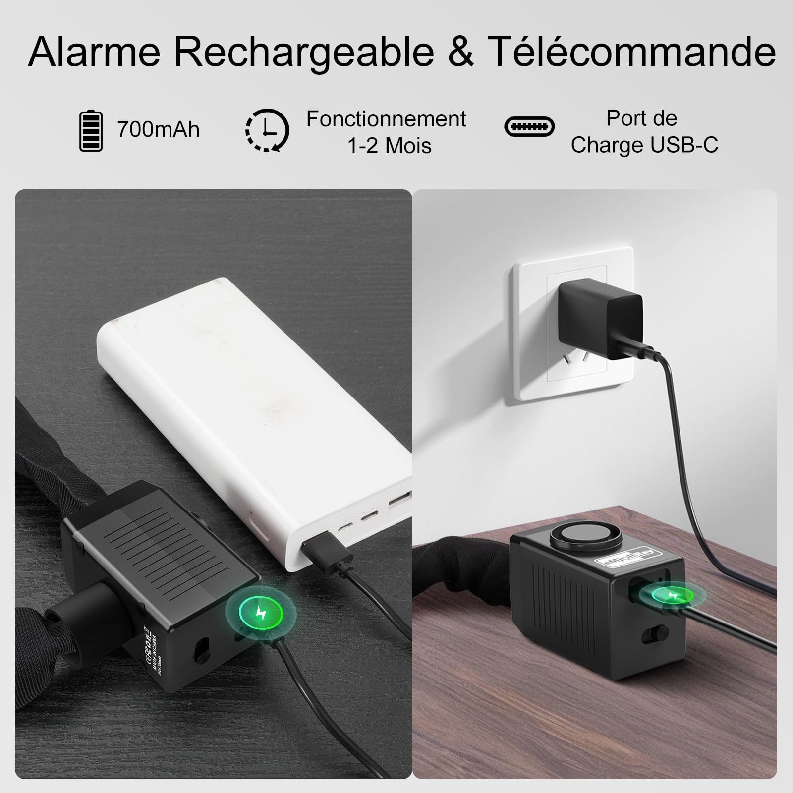 120CM Antivol Velo avec Alarme 110dB Antivol Alarme Vélo avec Télécommande 8MM Grossie USB C Rechargeable Chaine Antivol avec 3 Clés et Sac pour Vélo Electrique Trottinette Scooter Porte