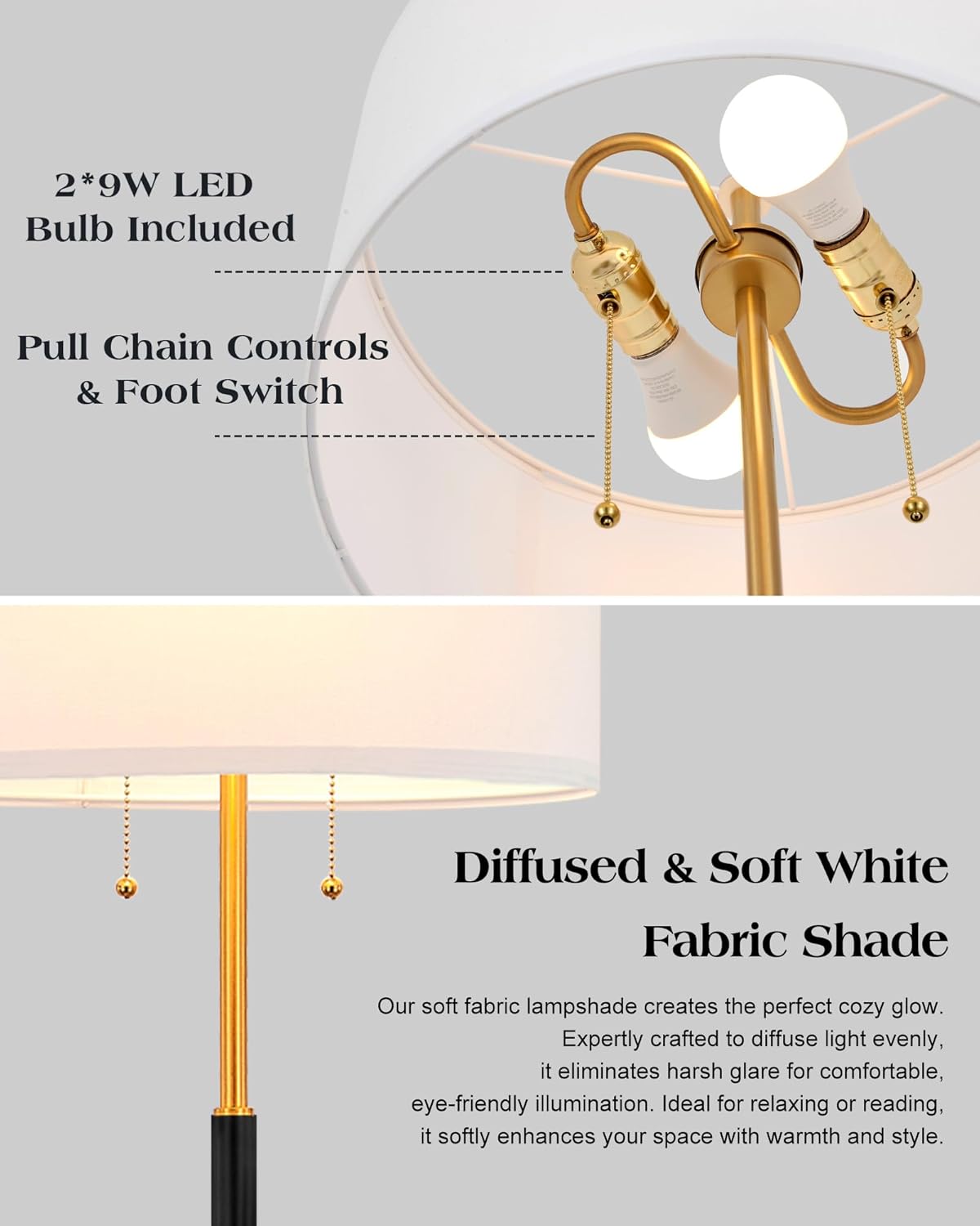 ELYONA 2-Light Floor Lamp Modern Reading Standing Light White Fabric Shade Vintage Tall Pole Corner Lamp for Bedroom Living Room Office 3 Color Temperatures LED Bulbs Include, Black & Brushed Gold