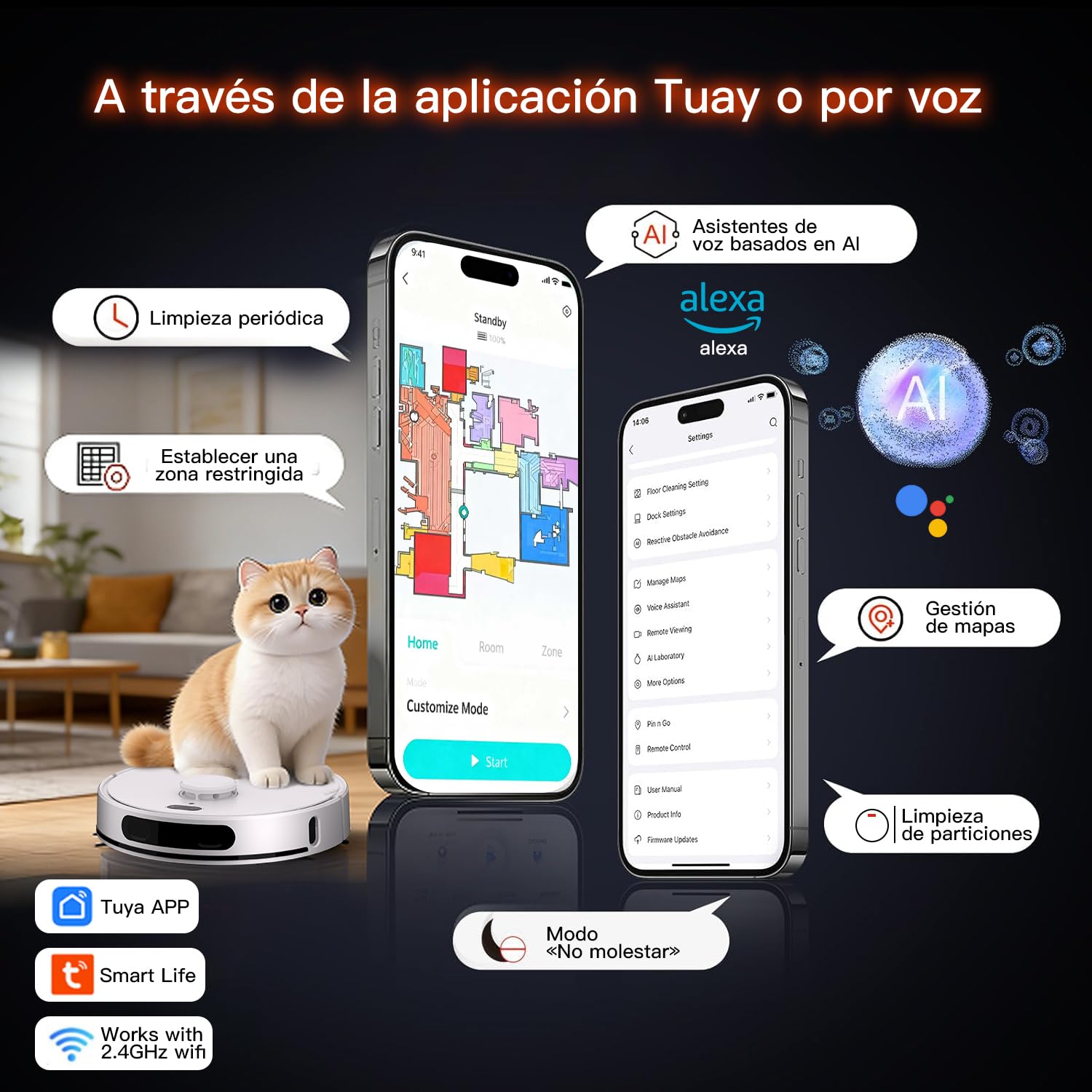 Robot Aspirador y fregasuelos hasta 8000Pa Navegación LiDAR y Mapeo | Potente succión Autovaciado Autonomía de 220 Minutos, Anticolisión, Limpieza Personalizada Control por Voz y App-Blanco