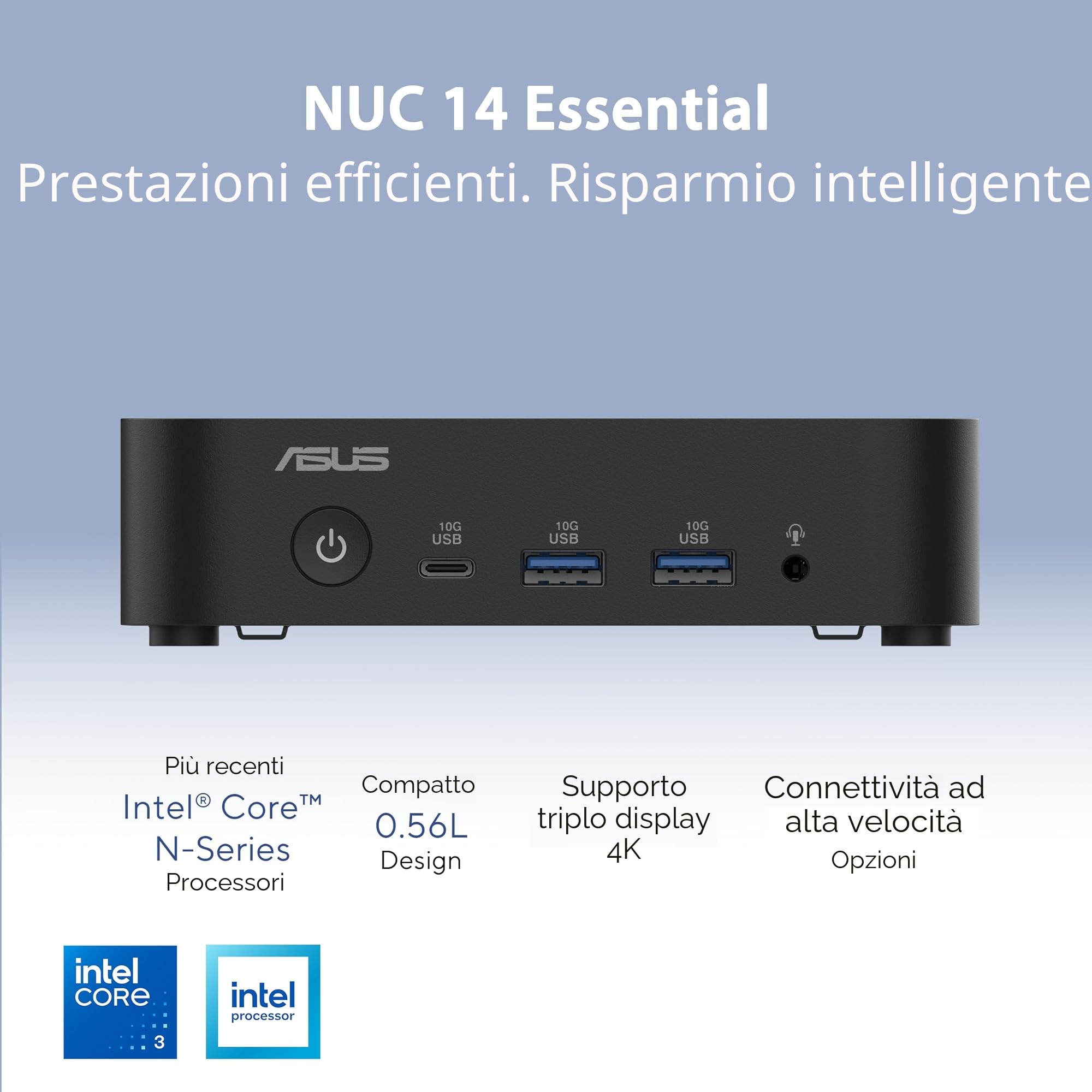 ASUS NUC 14 Essential Kit Mini PC Intel N250 16GB DDR5-4800 SSD M.2 Wi-Fi 6E Bluetooth 5.3 Nero