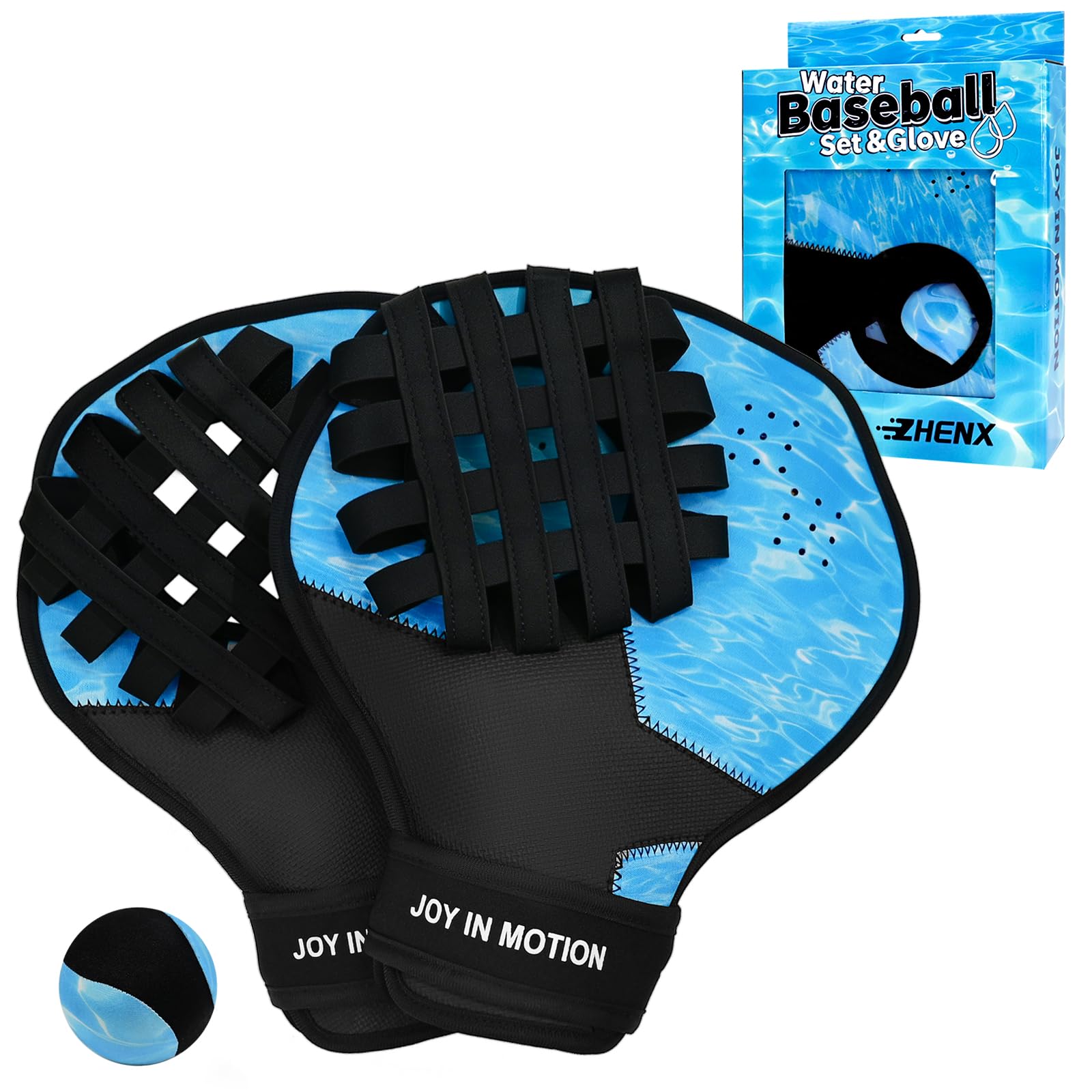 Zhenx Water Baseball Glove and Bouncing Ball Set, 2 Ambidextrous Catch Mitts with Drain Holes and Adjustable Wrist Strap, Water Skip Balls for Pool, Beach and Lake Summer Water Games, Blue