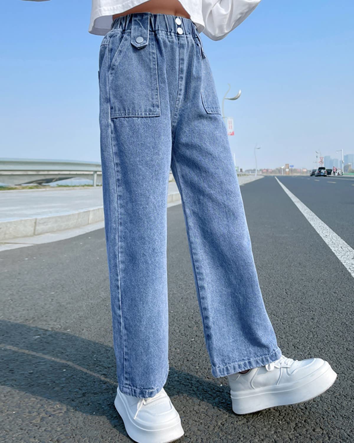 Rolanko Jeans Baggy pour Filles Pantalon en Denim Patchwork à Taille Élastiquée