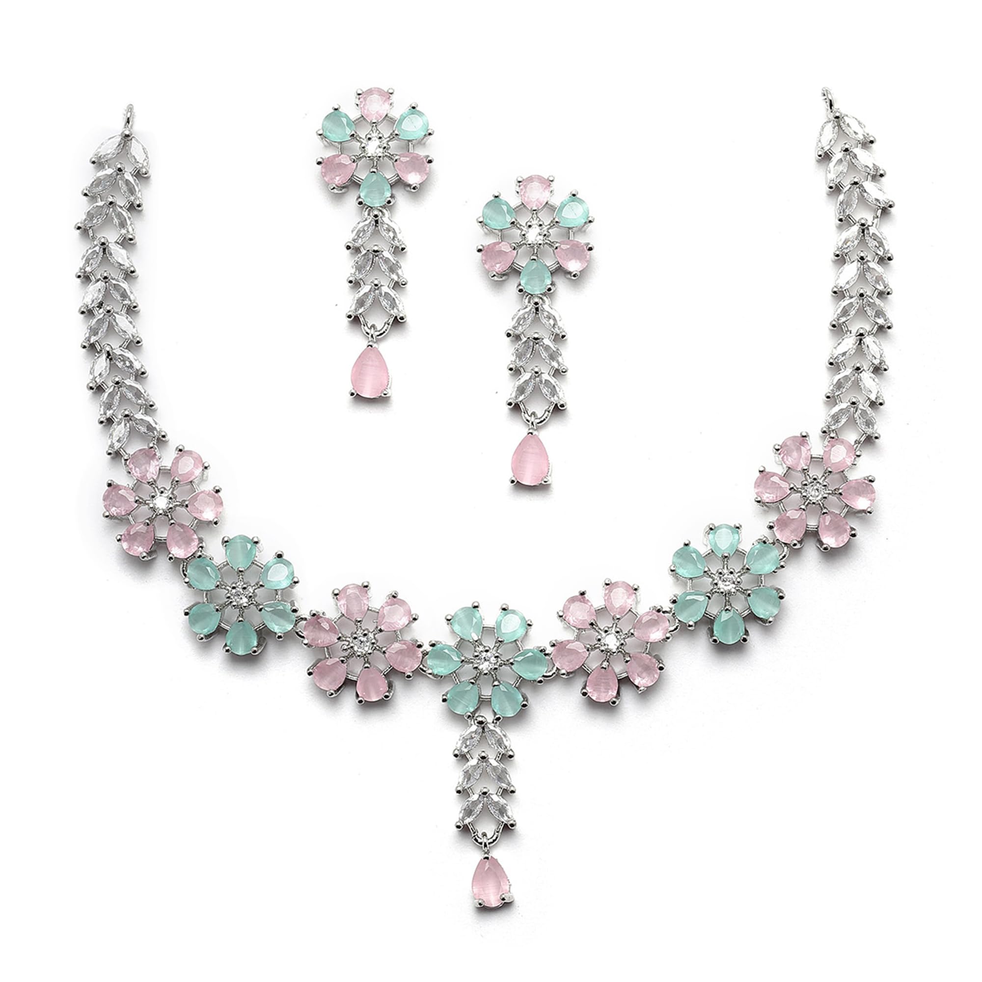Rhodium-Plated Silver Toned Star Shaped American Diamond Studded Necklace Earrings Jewellery Set for Girls and Women-image-6