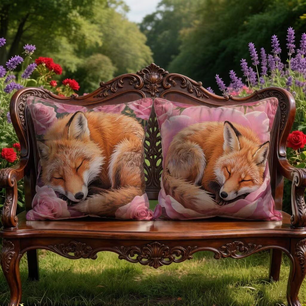 Kissenbezug 65 x 65 2er Set Sofakissen Orange Farbe Kopfkissenbezug 65x65 cm Dekokissen Fuchs Outdoor Pillow Leinen Doppelseitiger HD-Druck, Terrassen Deko Wohnzimmer, Frühling und Sommer 6-I966GY