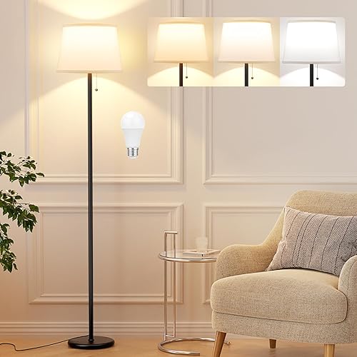 Raexpectis Floor Lamps for Living Room - 3 Color Temp(3000/4000/5000K)Tall Standing Lamp with Pull Chain Switch, Black Floor Lamp with Lampshade, Modern Tall Light for Bedroom Office(9W Bulb Included)