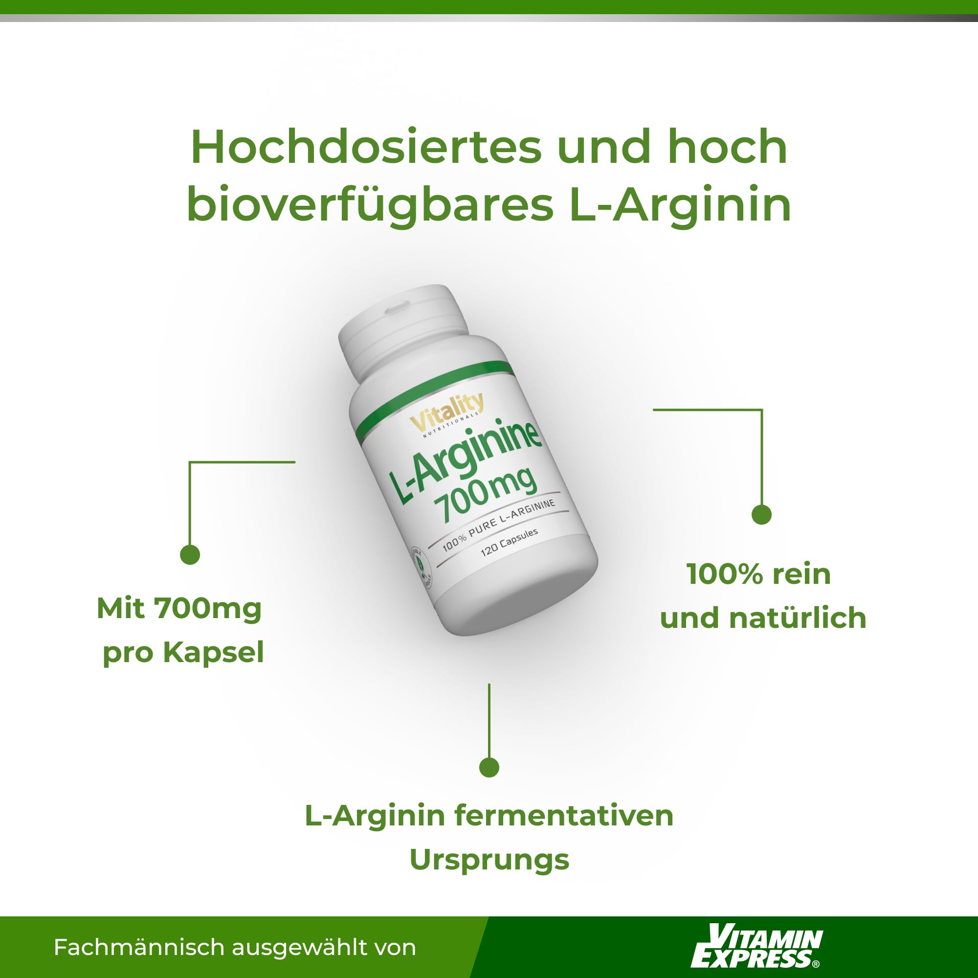 L-Arginin Hochdosiert 700 mg. Essenzielle Aminosäure 100% natürlich aus Fermentation (120 Kapseln) Hohe Bioverfügbarkeit & Bioaktivität. Premium L-Arginine Vitality Nutritionals by VitaminExpress