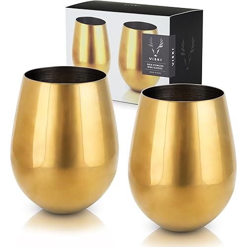 Viski Stemless Wine Glasses, Sleek Stainless Steel Wine Tumblers, Perfect Anniversary and Wedding Gifts, Cocktail Party, Elegant Drinkware, Home Bar Accessories, 18 oz, Set of 2, Gold