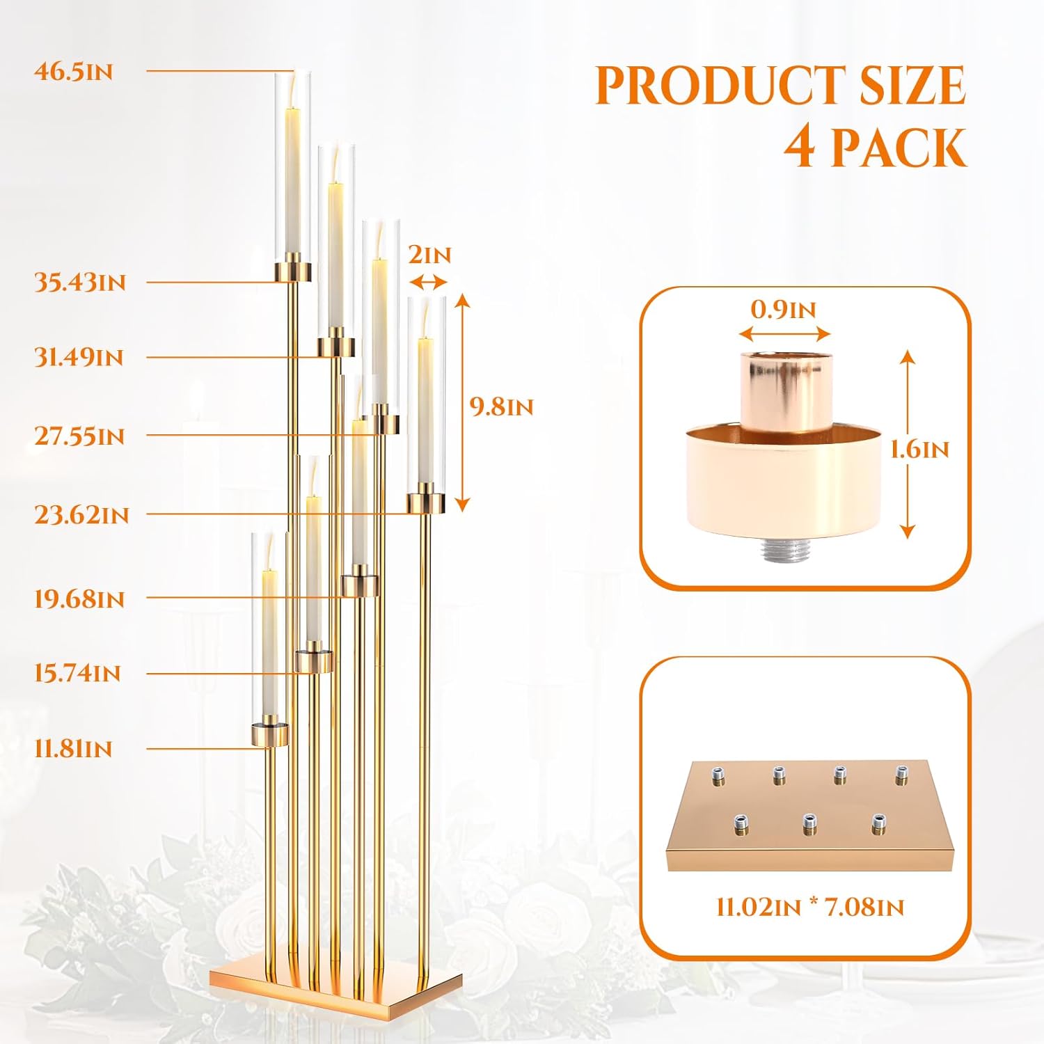 mopam 7 Arms Floor Candelabra 46.5'' Floor Candle Holders for Wedding 4pcs Gold Candle Sticks Holder Decor Tall Metal Candlestick Set with Acrylic Lampshades for Home Christmas Party (Square)