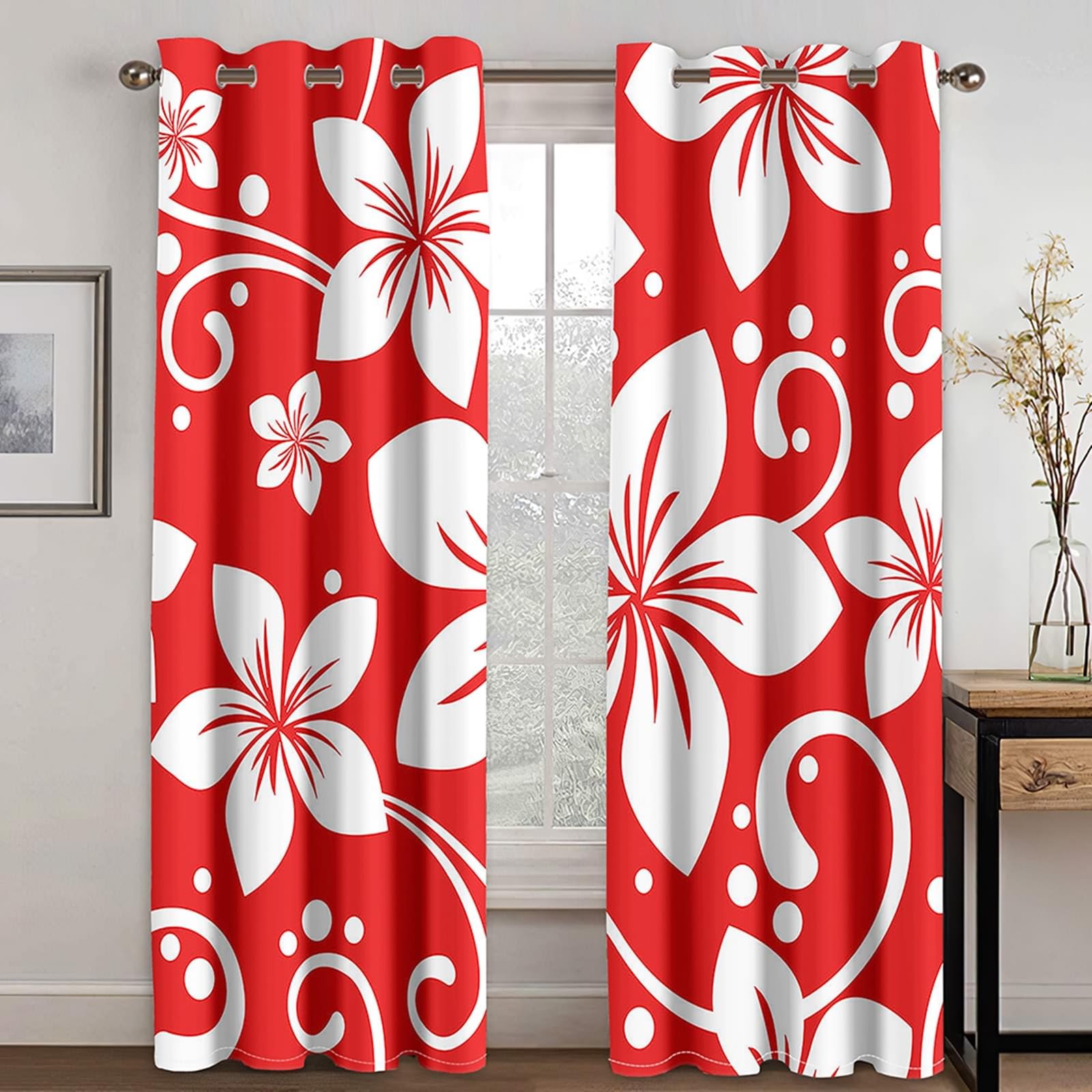 Blickdichter Vorhang mit Ösen, 86x160cm Rot Weiß Weiße Blumen und roter Hintergrund Verdunklungsvorhänge mit Ösen
