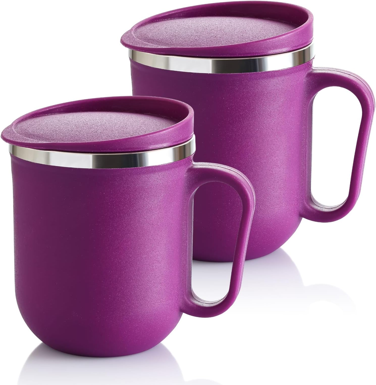 Stainless Steel Unbreakable Tea Coffee Mug Double Wall with Handle and Lid, Wide Mouth Mug Keeps Beverages Hot & Cold 300 ml Pack of 2 (Purple)