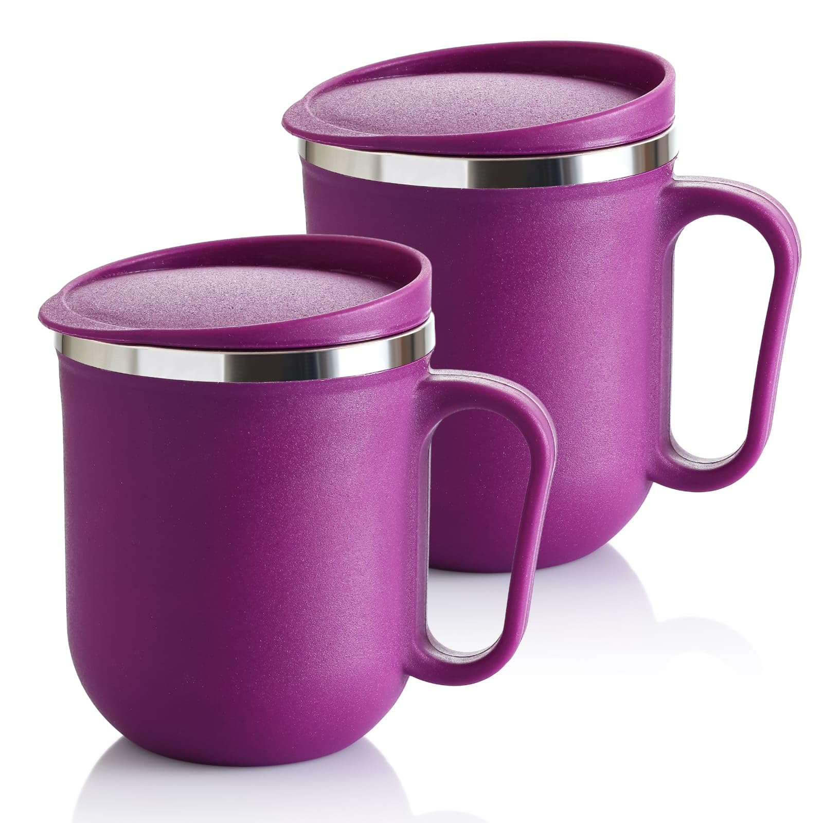 Stainless Steel Unbreakable Tea Coffee Mug Double Wall with Handle and Lid, Wide Mouth Mug Keeps Beverages Hot & Cold 300 ml Pack of 2 (Purple)