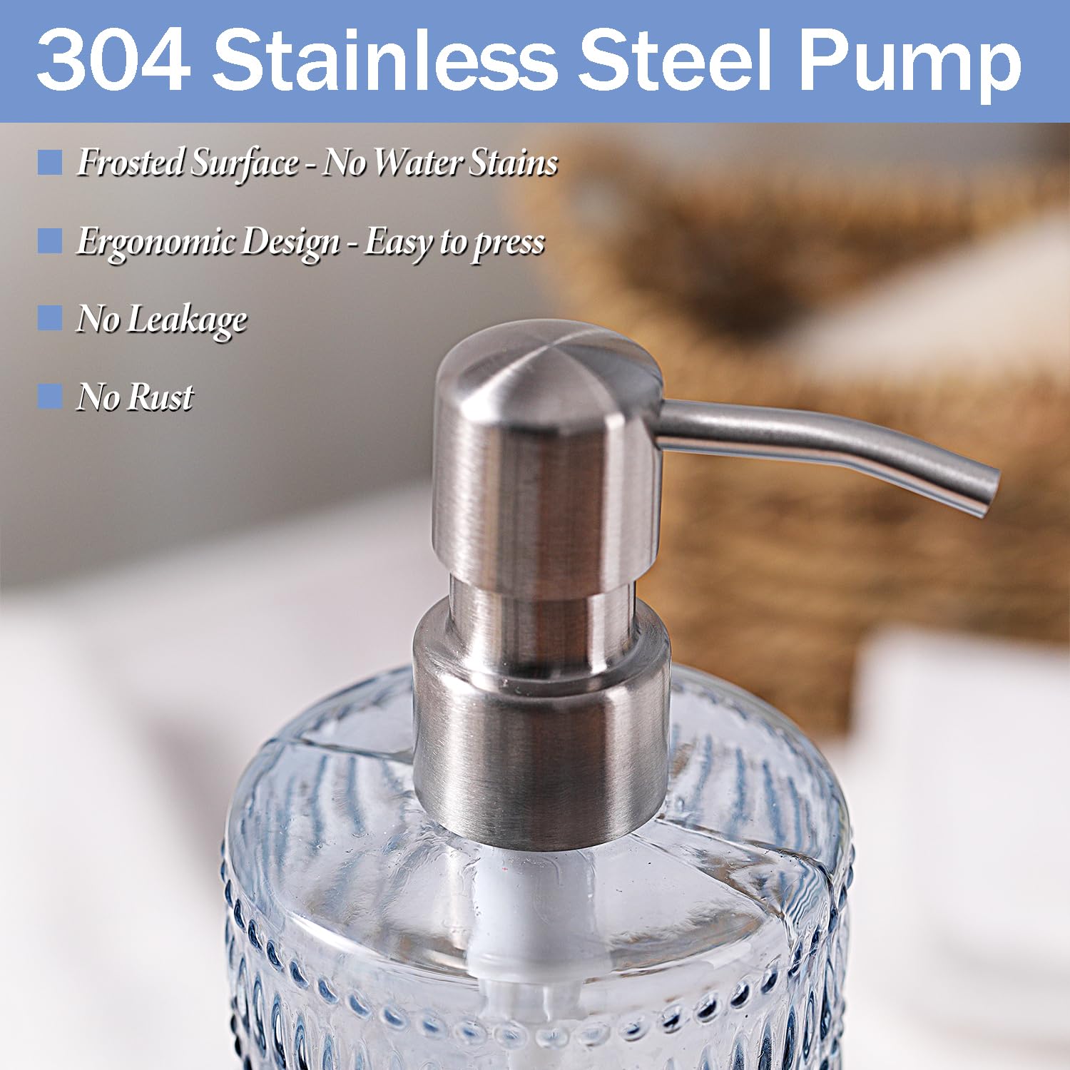 2 confezioni di dispenser di sapone blu da 500 ml, ricaricabile, in vetro, con pompa in acciaio inox, per cucina e bagno, elegante design floreale per accessori da bagno