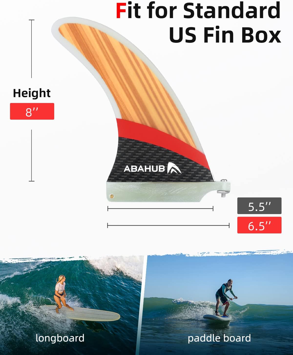 Abahub 8'' SUP Single Center Fin with 1 No Tool Fin Screw, Fiberglass Reinforeced 8 inch SUP Replacement Fins for Surfboard, Stand-up Paddle Board, Longboard, Black/Blue/White
