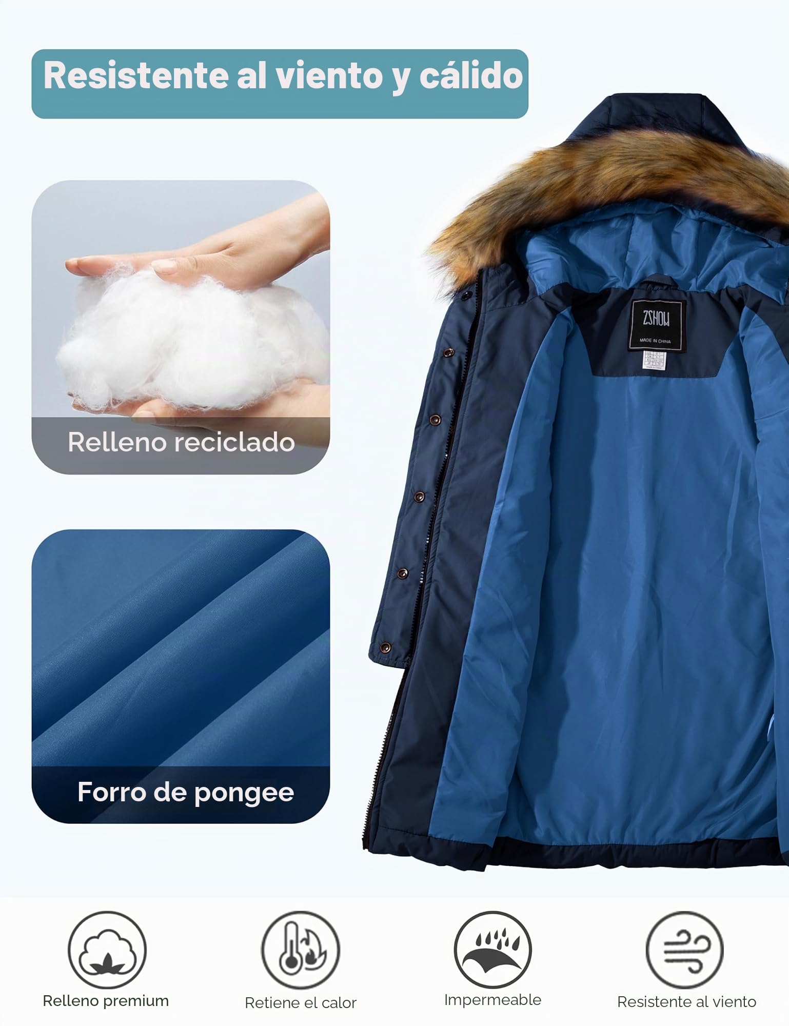 ZSHOW Abrigo Cálido Antiviento para Niña Largo Invierno Chaqueta Acolchada | Impermeable,Cortavientos,Capucha de Piel Sintética Desmontable,Bolsillos Térmicos,Cremallera Bidireccional,Primavera Otoño