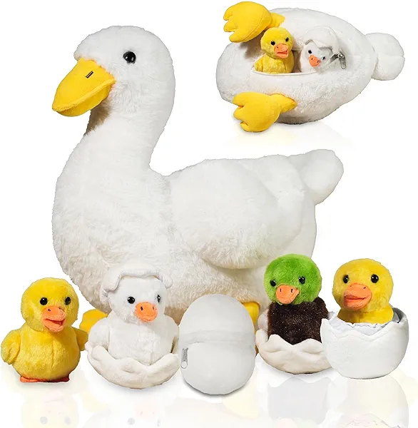 7 in 1 Duck Stuffed Animal, 12" Stuffed Duck Plush Toy with 4 Baby Ducklings and Eggs Inside for Kids, Soft White Ducks Hugging Plush Pillow for Boys Girls Christmas Birthday Gift Farm Party Decor