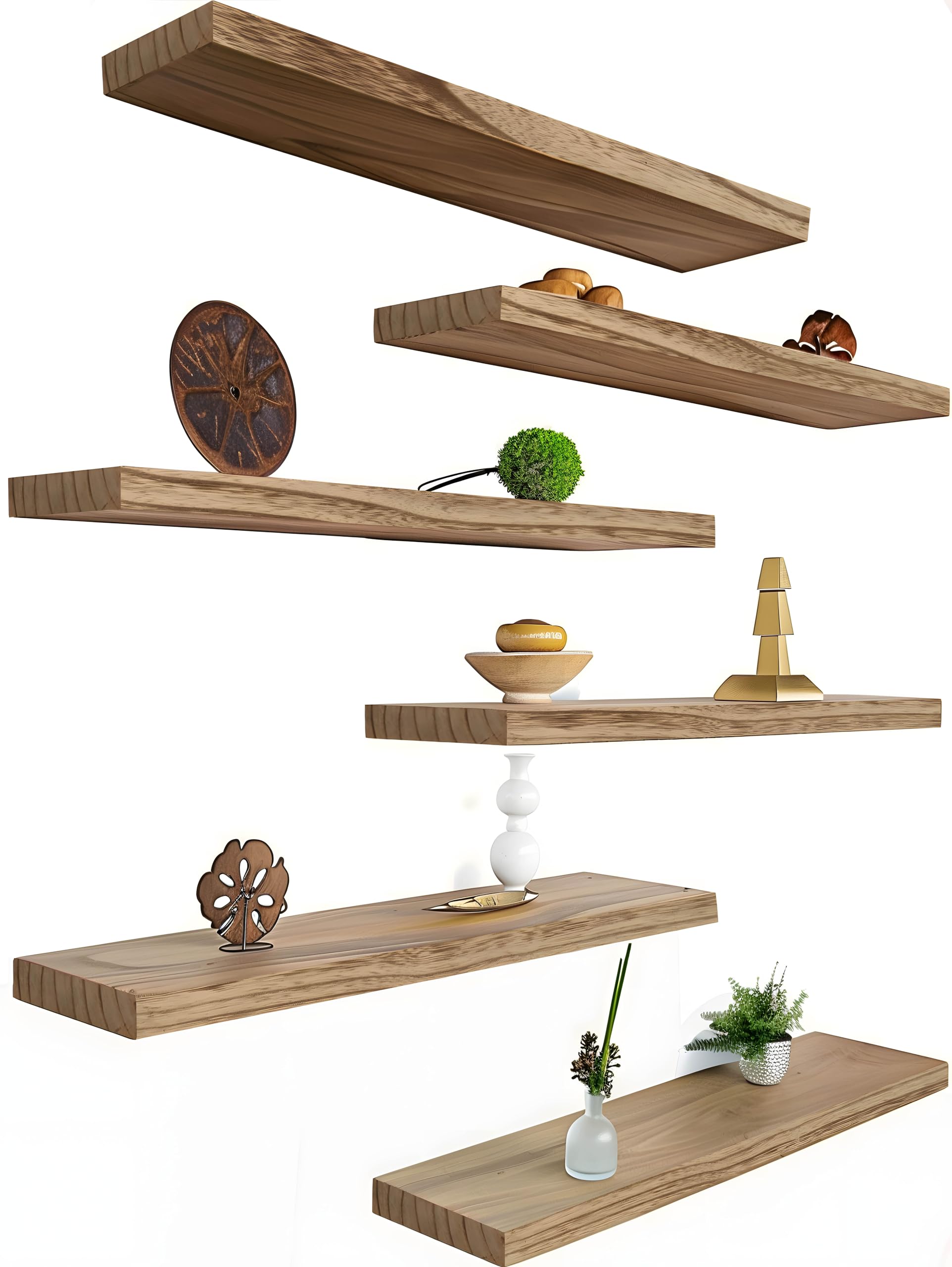 YYWUOJJ Wood Floating Shelves for Wall Decor, Rustic Wall Shelves for Bedroom Bathroom Kitchen Living Room, Set of 6 Light Walnut