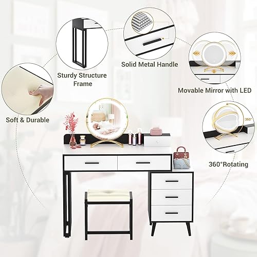 Miniatura 4 de Aheaplus Escritorio con espejo de maquillaje con luces, pequeño escritorio de tocador con cajones, juego de tocador con taburete para dormitorio, 3