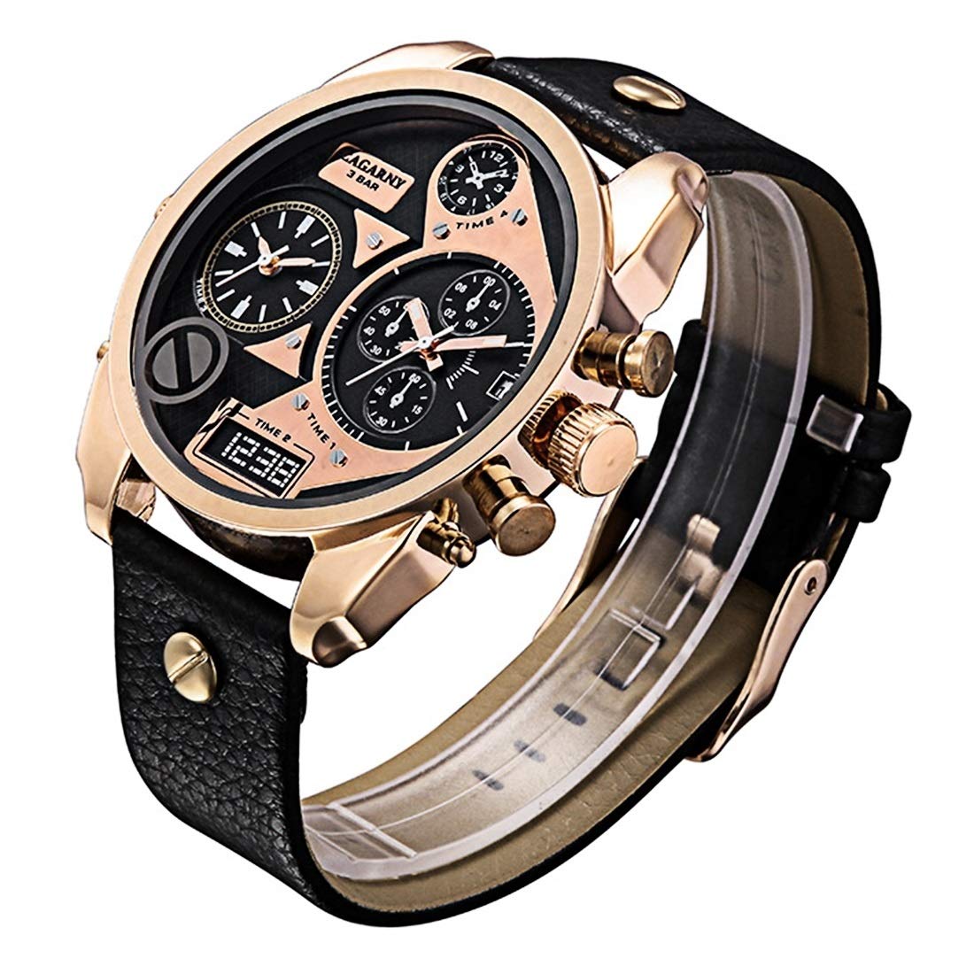 ZZjingliCAGARNY 6822 Fashionable Concise Style Large Dial Dual Clock Rose Gold Case Quartz Movement Wrist Watch with Leather Band & GMT Time & Calendar Functions for Men(Black Window)
