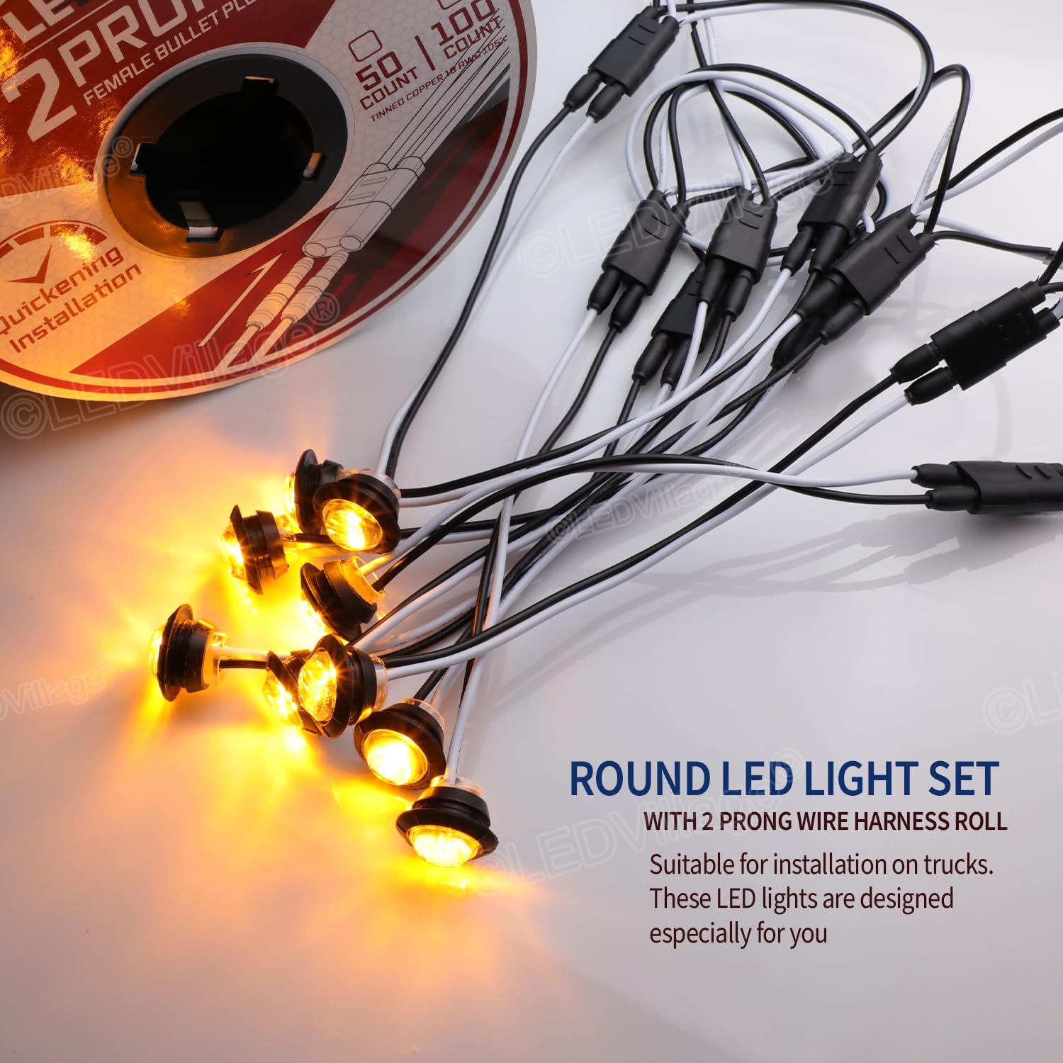 50 Pcs 3/4 Inch Side Marker Clear Lens Amber Light with Connector and 2 Prong Harness Roll Female Plugs (50 Counts) Indicator Light, Clearance Light for Truck Trailer Pickup