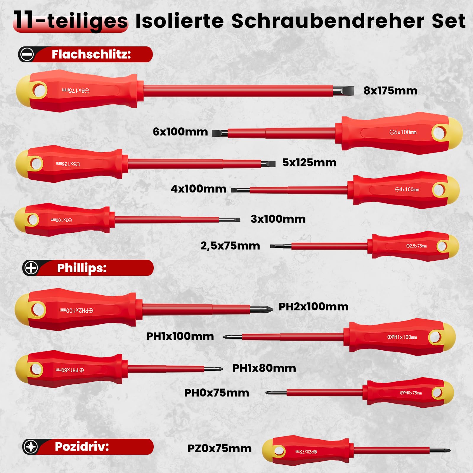 WALTER STAHL - Set di cacciaviti magnetici isolati, 11 pezzi | In acciaio Cr-V, 5 fessure, 5 Phillips, 1 Pozidriv per elettricisti e riparazioni domestiche