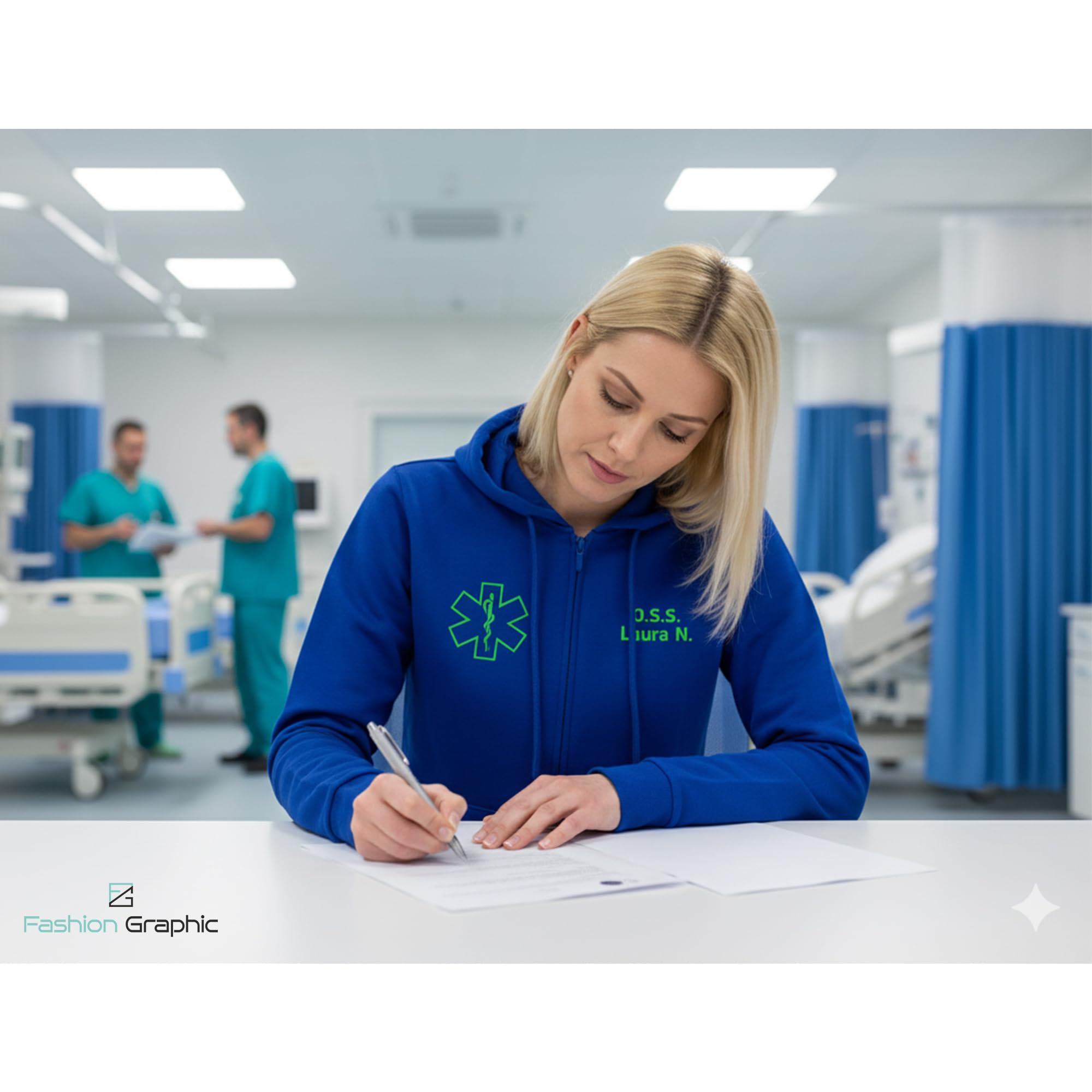 Fashion Graphic Felpa Donna OSS operatore Socio, Divisa OSS Blu, Felpa Donna con Cappuccio con Zip Personalizzata, Felpa Infermiera con Zip Taglie da XS a XL