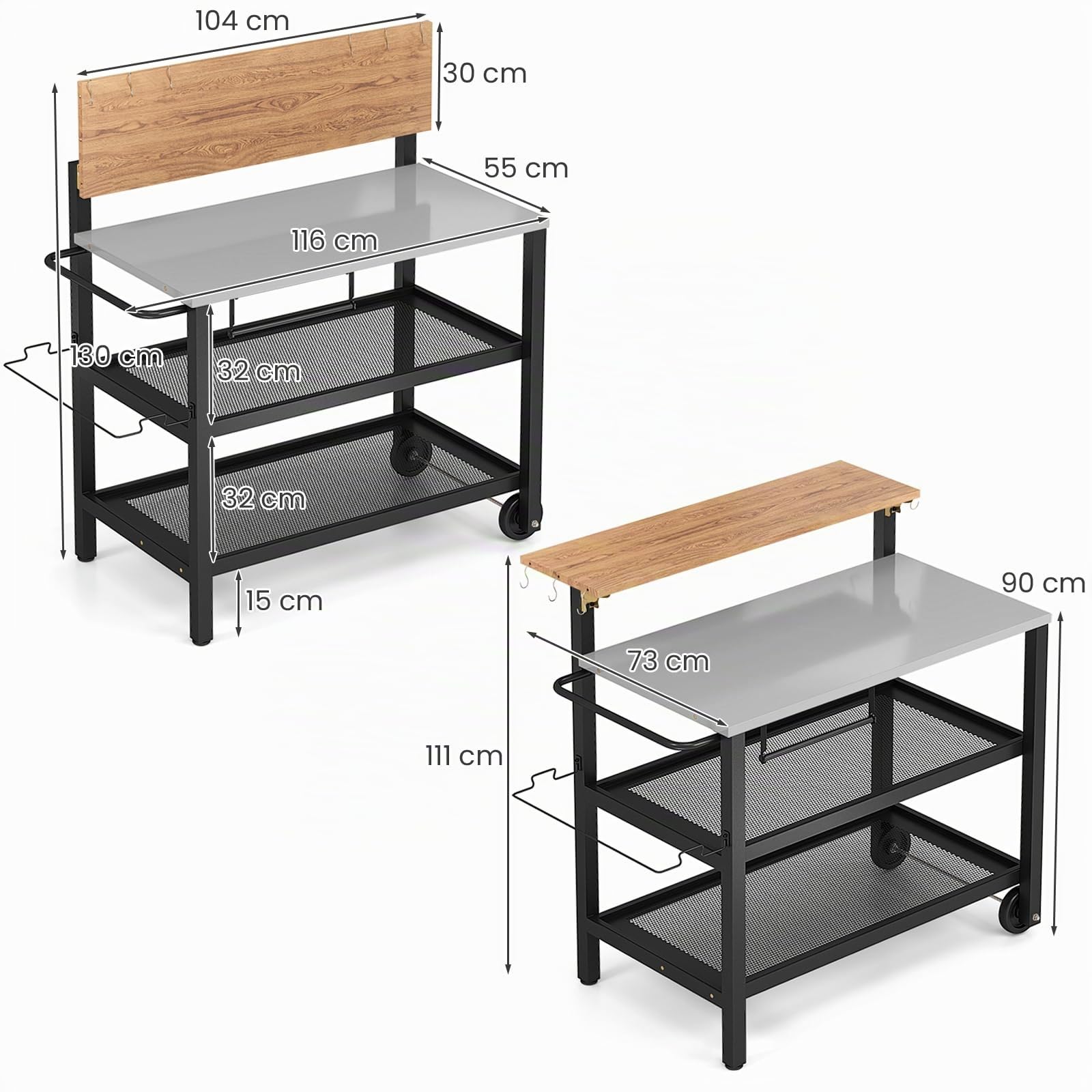 KOMFOTTEU Carro de Barbacoa con Tablero Plegable, Carrito de Servicio de 4 Niveles con 6 Ganchos, Toallero, Soporte para Bolsas de Basura, Carro para Parrilla de Metal con Ruedas