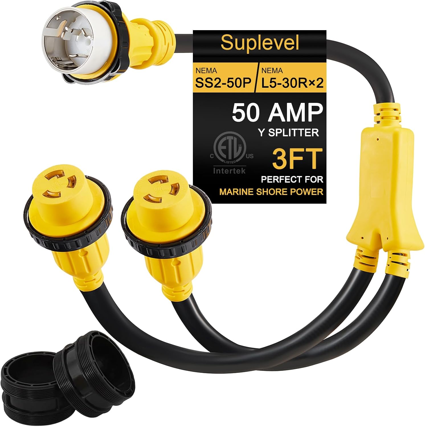 Marine Shore Power Adapter, SS2-50P Y Splitter to (2) L5-30R, 50 Amp SS2-50P Male to 30 Amp L5-30R Female Y Adapter w/Locking Ring & Collar, STW 6 AWG, 3FT, ETL Listed