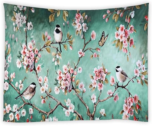 Miniatura 1 de BCNEW Tapiz para colgar en la pared, diseño de flores, pájaros, mariposas, plantas asiáticas, flores y flores, tela de poliéster, decoración de