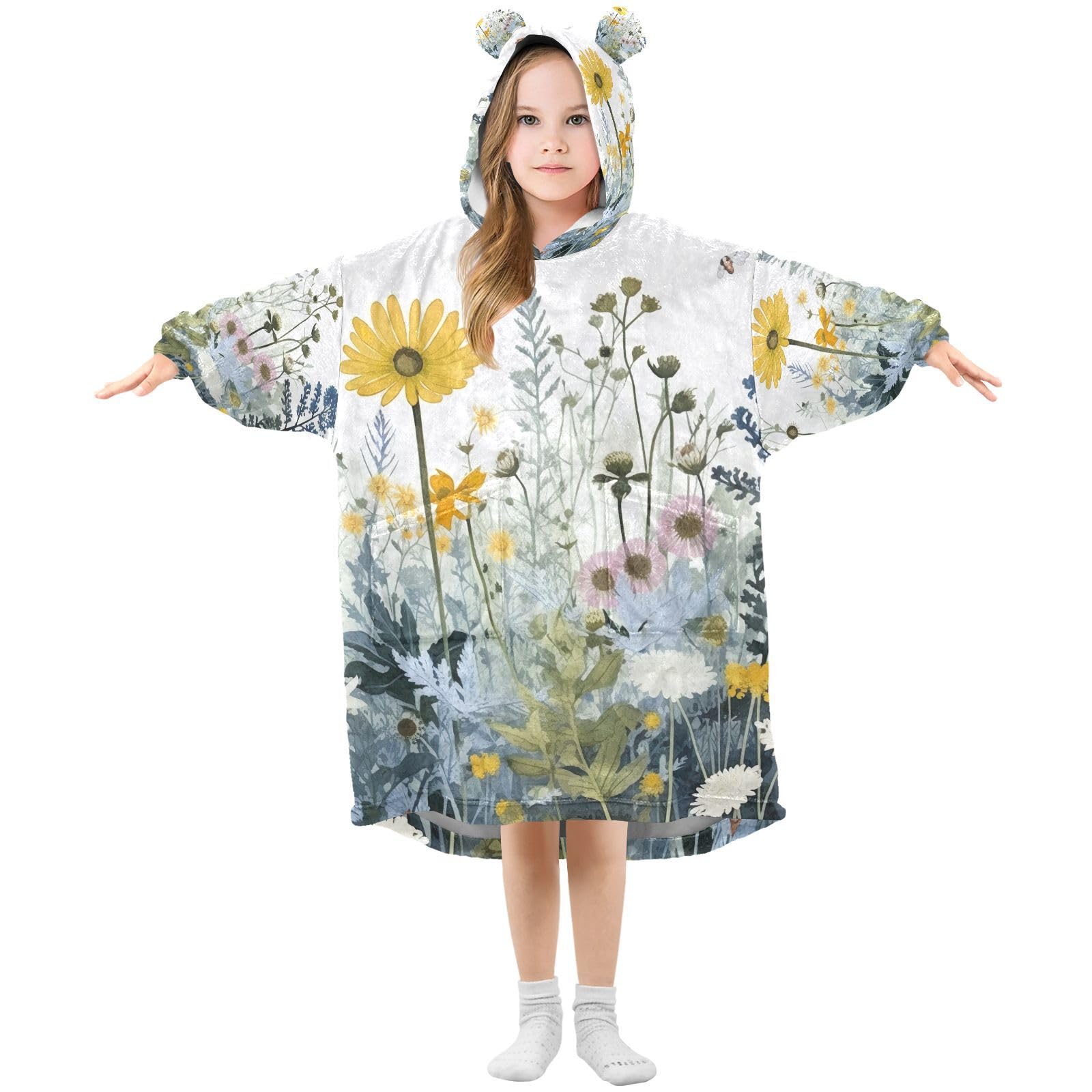 Jihqo Beautiful Wildflowers Wearable Blankets for Kids Sherpa Hoodie Blanket for Boys Girls Oversized Hooded Sweatshirt, M