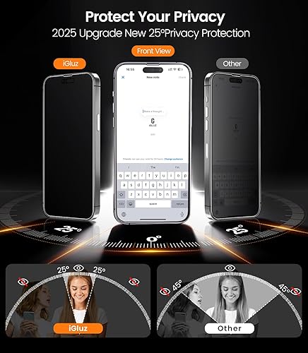 Miniatura 3 de iGluz Paquete de 4+2 protectores de pantalla de privacidad para iPhone 15 Pro Max con protector de lente de cámara de 6.7 pulgadas, 9H + vidrio