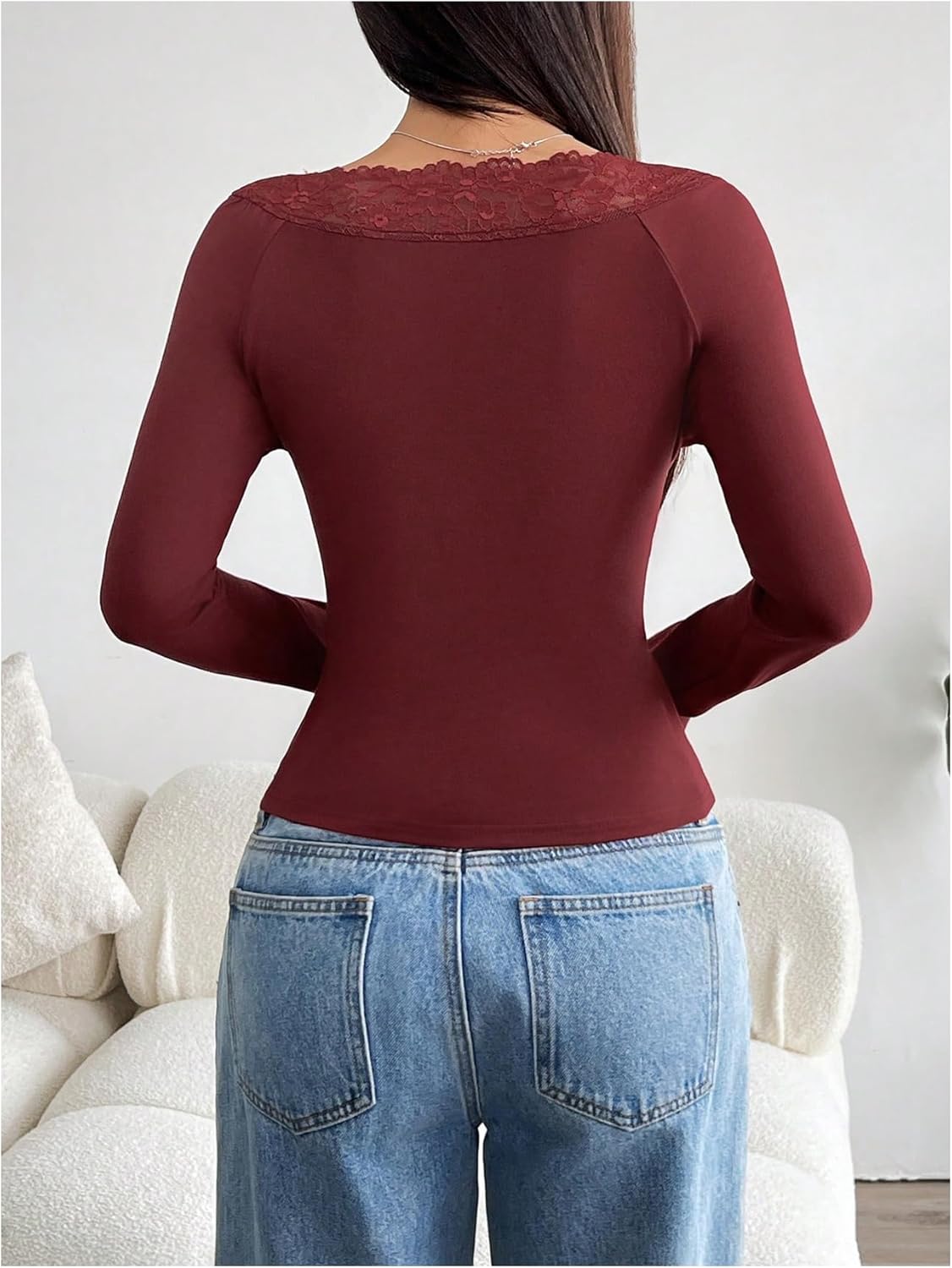 WDIRARA Women's Lace V Neck Top Tie Front Long Sleeve T Shirts Fitted Tops - Image 3