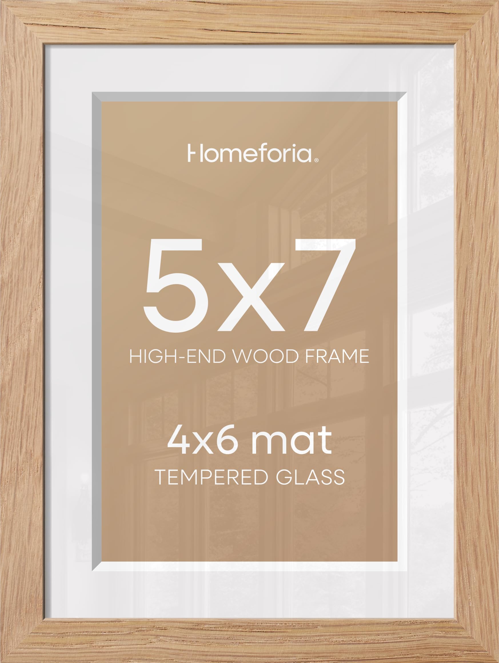 Homeforia 5x7 Natural Oak Picture Frame, High-End Wood, 4x6 Mat, Glass | High End Solid Oak Wood, Tempered Glass, Acid-Free 4x6 Removable Mat, 5x7 Edge-to-Edge Display 7x5, Wall Kit, Set Of 1
