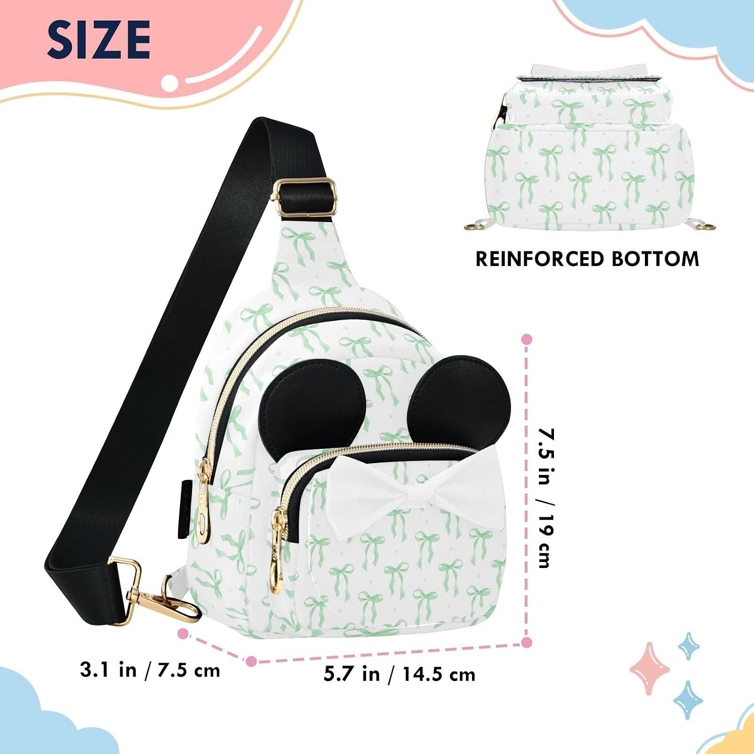 Green Bow Kids Sling Bag for Girls, 7.5x5.7x3.1 In | Crossbody Fanny Pack, Toddler Purse, Cute Sling Belt Bag with Ears, 2L Small Shoulder Chest Bag for Travel