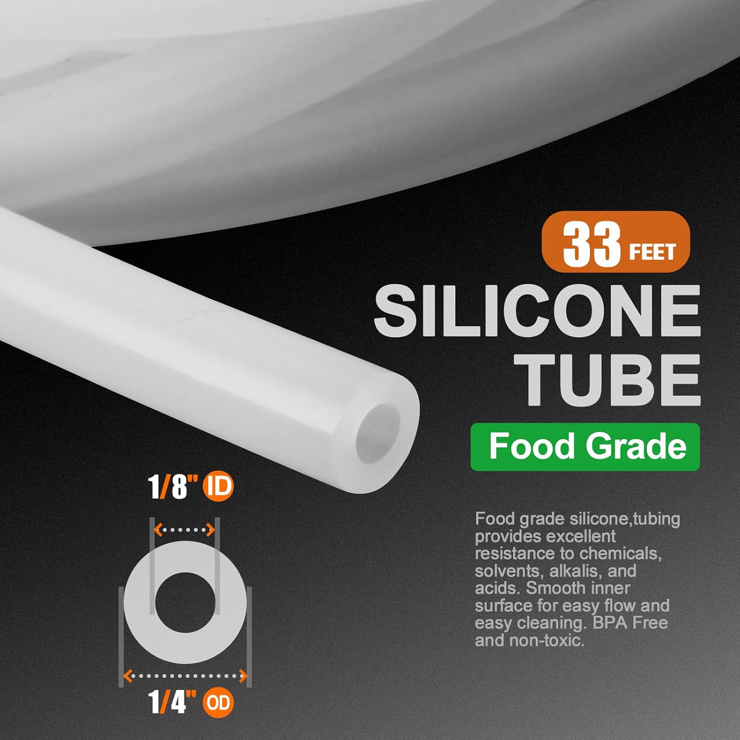 Pure Silicone Tubing (33ft), 1/8" ID x 1/4" OD High Temperature Food Grade Pure Silicone Pipe for Home Brewing, Beer Line, Air Hose, Drinking Fountain, Breather, Comes with a Tube Cutter