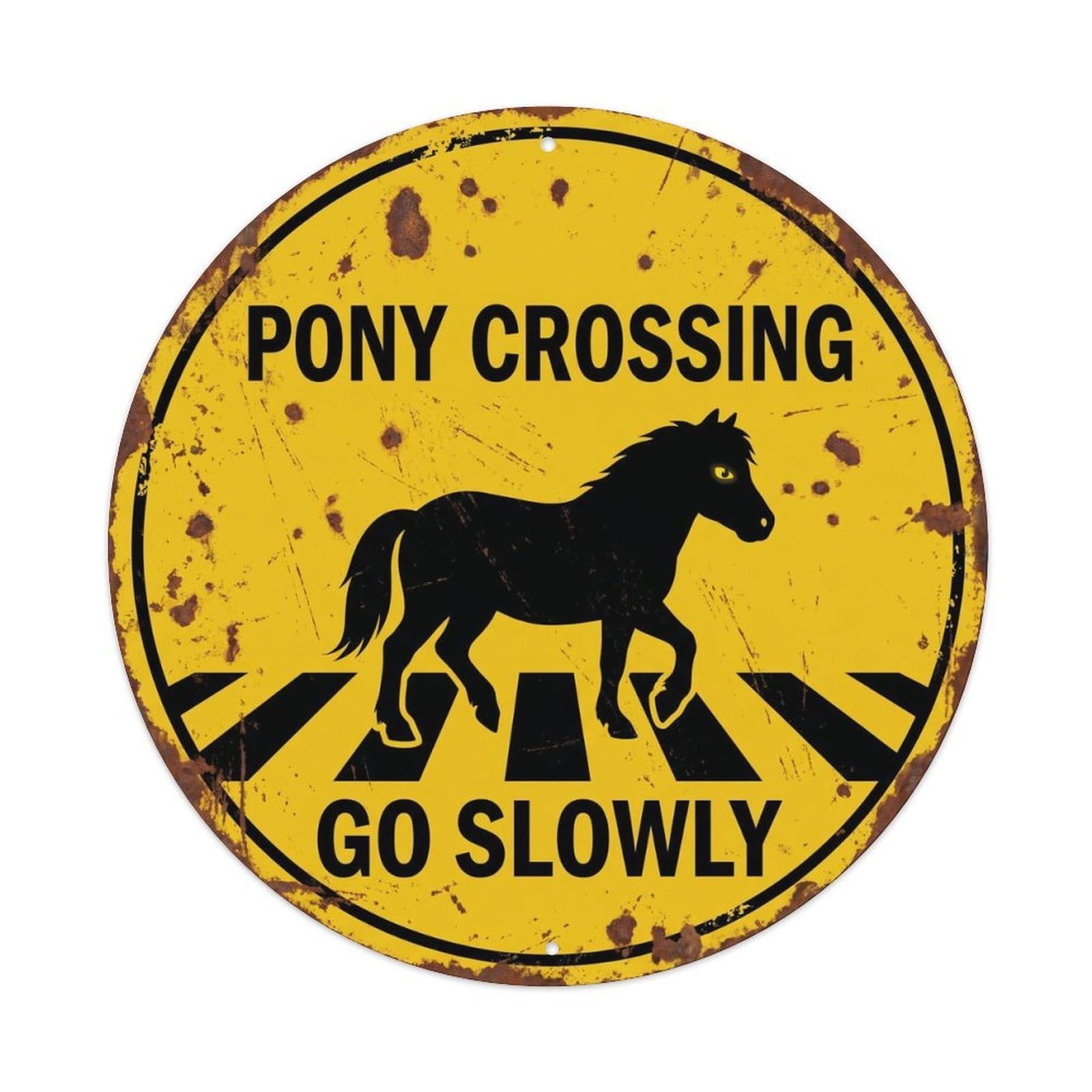 Cwbufd Vintage Style Pony Crossing Go Slowly Shabby Vintage Metal Tin Sign Plaque Wall Decor For Cafe, Club Bar, Office, Garden Metal Poster 8X8inch