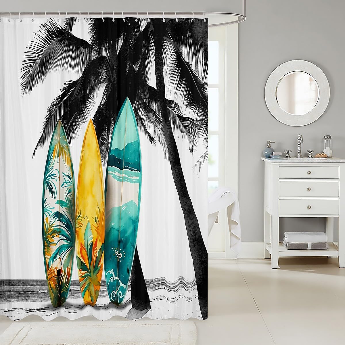 Castle Fairy Surfboard Shower Curtain Tropical Coconut Tree Bathroom Curtain Hawaiian Ocean Beach Barn Door Waterproof Curtain for Kids Adult Room Decor Sea Surfing Sports Bath Curtain