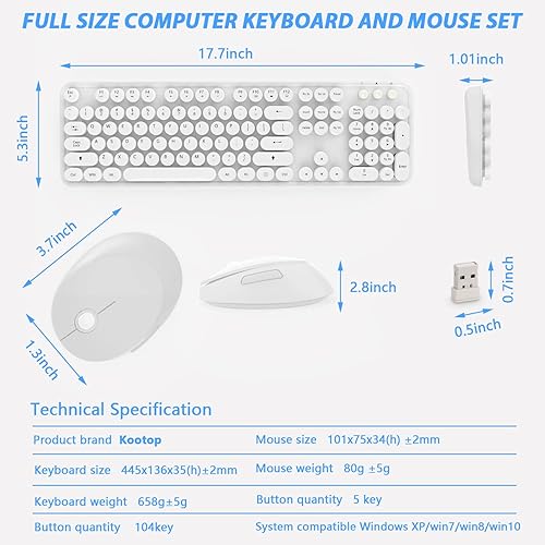 Miniatura 5 de Combo de teclado y mouse inalámbricos, teclado blanco lindo de 104 teclas con pad numérico y mouse para Windows, computadora, PC, portátil (blanco)